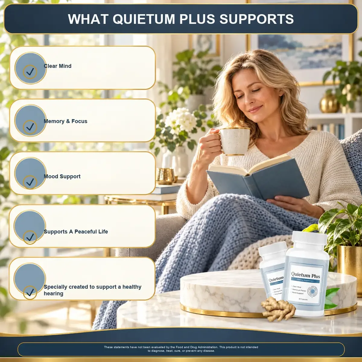 Vendor infographic titled What Quietum Plus Supports: Clear Mind, Memory and Focus, Mood Support, Supports A Peaceful Life, healthy hearing, beside a woman reading with tea
