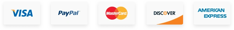 Payment logos: Visa, PayPal, Mastercard, Discover and American Express