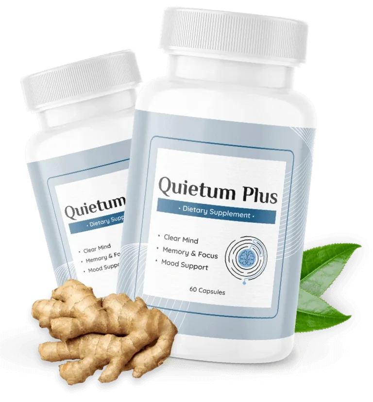 2 white Quietum Plus bottles with soft blue-grey labels