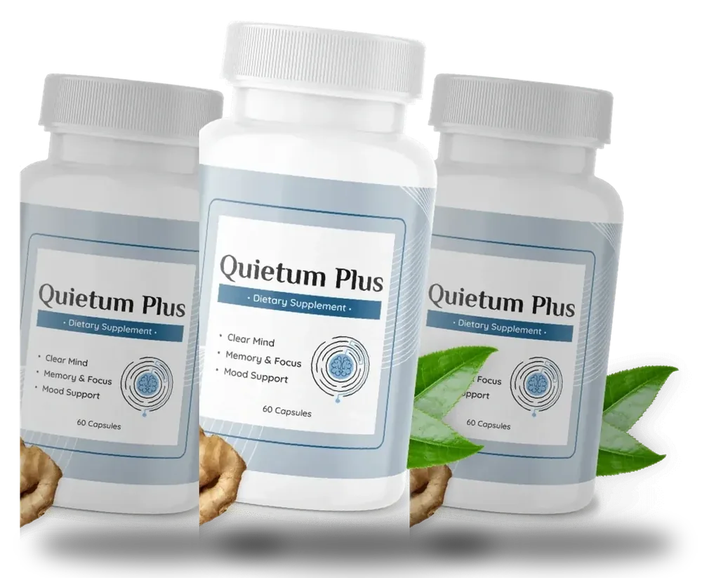 3 white Quietum Plus bottles with soft blue-grey labels