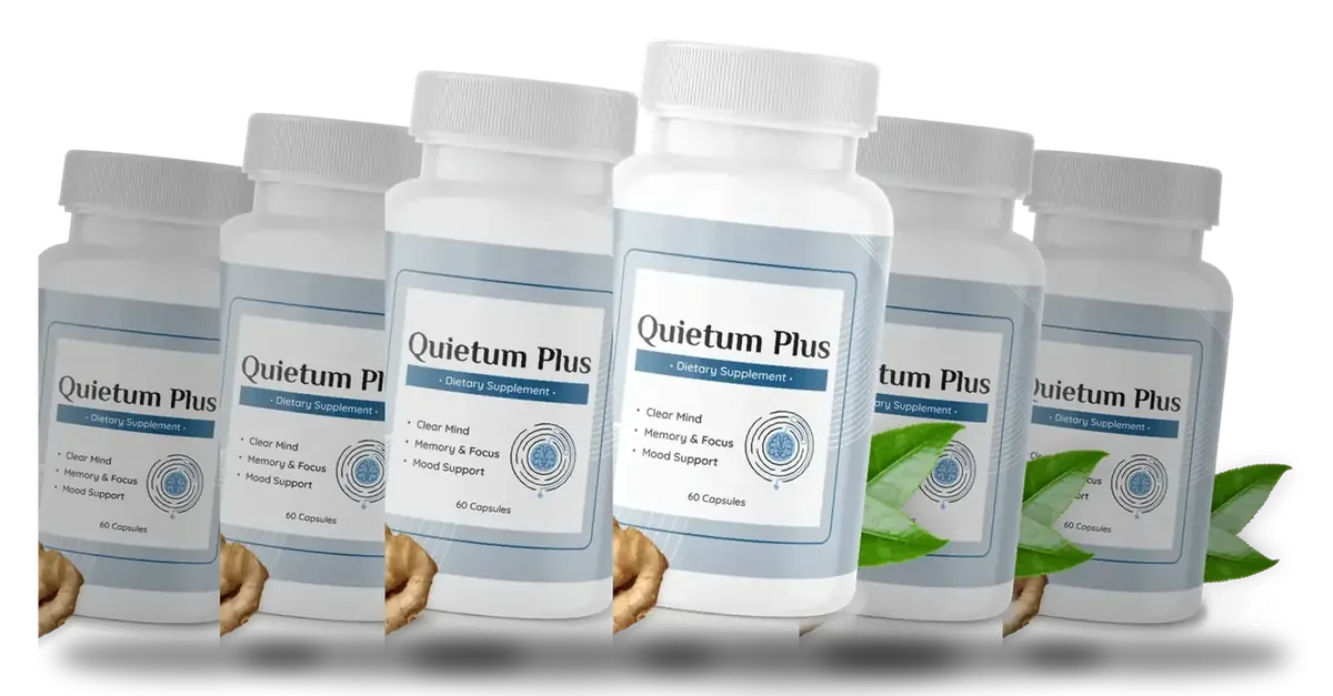 6 white Quietum Plus bottles with soft blue-grey labels