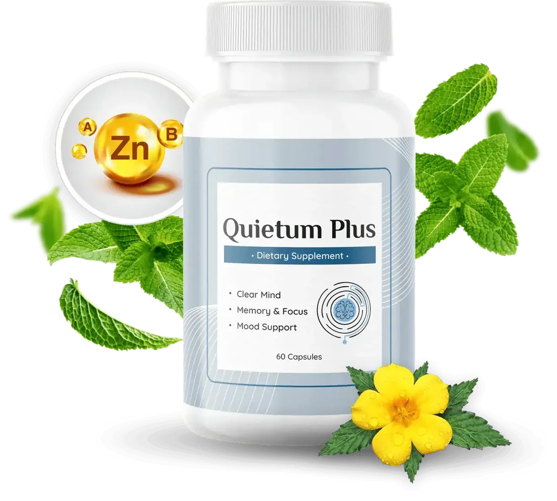 A white Quietum Plus bottle with a soft blue-grey label reading Quietum Plus, Dietary Supplement, Clear Mind, Memory and Focus, Mood Support, 60 Capsules, with mint-like leaves, a yellow flower and a gold zinc bubble